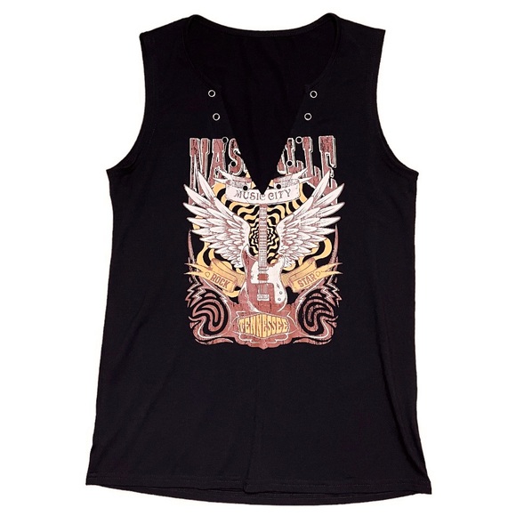 Music City Nashville Tennessee V-neck Sleeveless T-Shirt Sz S - Picture 7 of 10